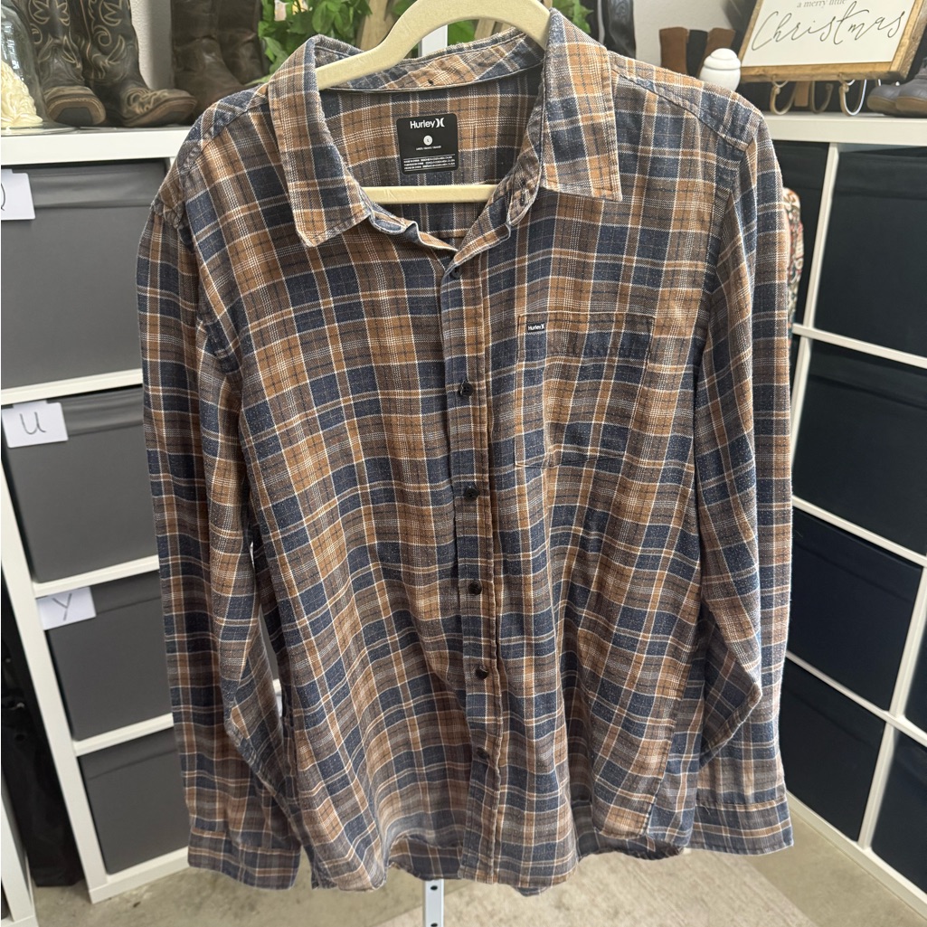 Hurley Soft Men's Flannel Shirt In Blue And Brown Plaid Button Down